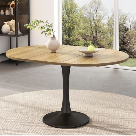 Table extensible ovale 100/140 x 100 x 75 cm en MDF et fer couleur chêne HAVRYA (1/5)