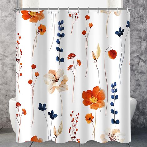Rideau de douche - 240 x 200 cm - Orange et bleu marine - Ourlet lesté - Anti-moisissure - Imperméable - Lavable - En polyester - Avec 16 œillets et anneaux de rideau de douche - Pour salle de (1/5)