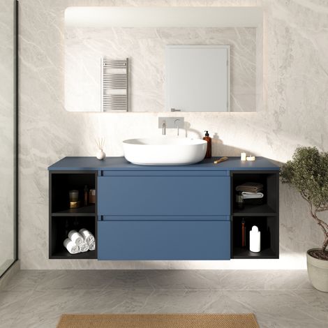 Mobile bagno sospeso 120cm due cassetti con top alby blue e due vani a giorno nero opaco Hexa (1/4)
