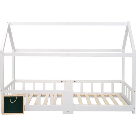 Cama cabaña infantil 90 x 200 cm blanca con pizarra, somier de lamas y barrera de seguridad (1/5)