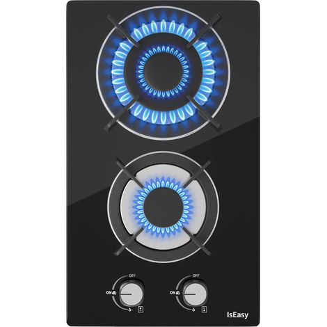 IsEasy Placa de gas de 2 Quemadores 3,3/1kw 31cm,Gas Natural/Propano,Negro,Cristal-2 fuegos
