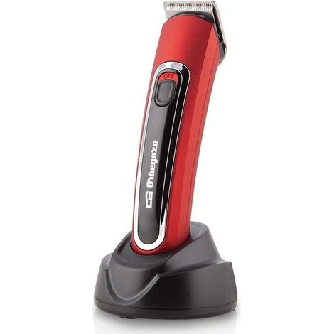 Orbegozo CTP 1820 - Tondeuse électrique rechargeable, 5 positions de coupe, sans fil, base de charge avec voyant lumineux, lame de acier inoxydable, noir, rouge