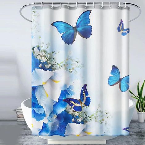 Duschvorhang, Stoffduschvorhang mit Schmetterlingsmotiv, blau, mit 12 Haken, für Zuhause und Hotel, maschinenwaschbar, wasserdicht. (1/5)