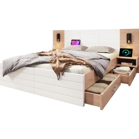Bett mit Schubladen 207 x 235 cm aus Massivholz und MDF, Doppelbett mit 2 Schubladen, Leselampe, Nachttische und USB, Mit Matratze, Weiß und Eiche (1/5)