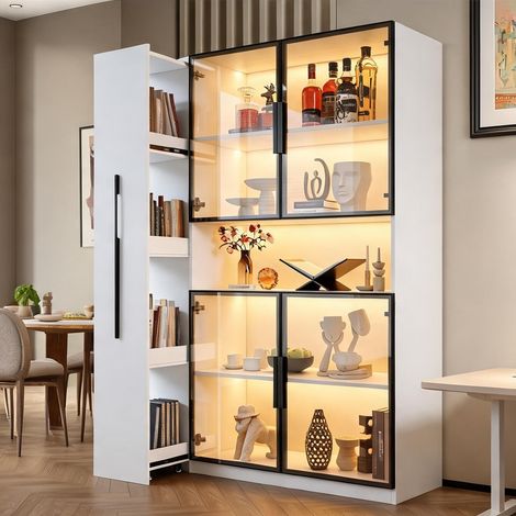 Vitrine haute 110 x 35 x 160 cm blanche avec éclairage LED en MDF (1/5)