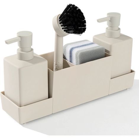 (Beige - 450 l) Organisateur d'évier avec distributeur de savon, brosse de nettoyage et éponge, flacons rechargeables pour savon à mains et liquide vaisselle. (1/5)