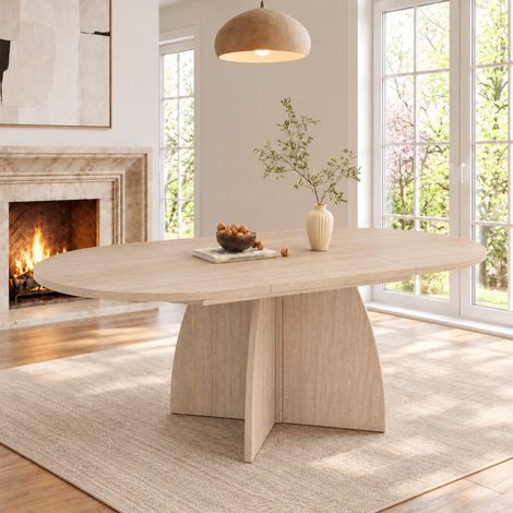 Table à manger extensible ovale 120/180x90x75 cm pour 6 à 8 personnes, plateau MDF effet travertin, bords arrondis - Travertin (1/5)