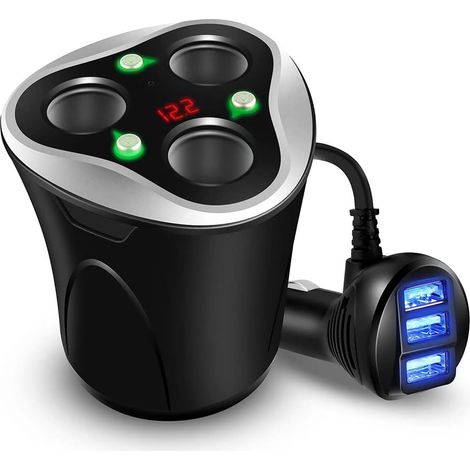 3 Cigarette Lighter Socket Adapter + 3 USB Ports Car Charger, 120 W 12/24 V with LED Voltage Display Separate On/Off Switch for GPS Mobile Phone (1/5)