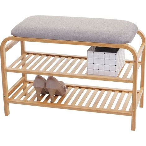 Étagère à chaussures HWC-F72,banc rembourré, étagère à chaussures, rangement en bambou 50x70x30cm