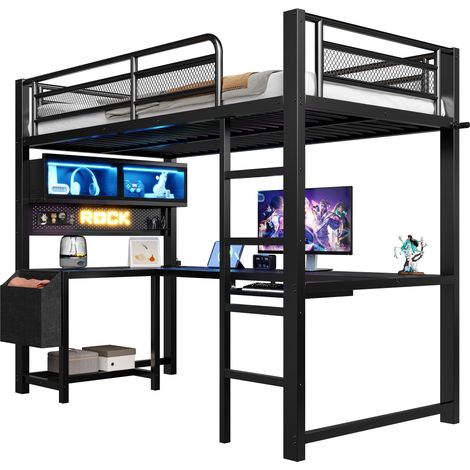 Letto 140x200 cm con LED, 2 cassetti e rete a doghe, letto con contenitore salvaspazio grigio in legno e MDF, per camera ragazzi e adulti CHICFURN (1/5)