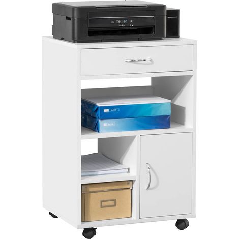 Sobuy – Support imprimante mobile FBT106W – Meuble de rangement bureau avec 3 compartiments ouverts et 1 tiroir – Dimensions 50x40x75cm – Capacité 50kg (1/5)