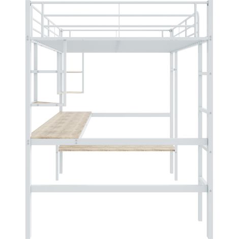 Cama alta de metal 90 x 200 cm con escritorio, estantes y librería, blanca (1/5)