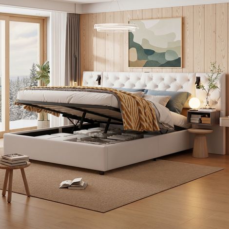 Bett mit Stauraum, Stauraumbett 140x200, Doppelbett mit LED & USB/Typ-C, Bett Erwachsene, Kopfteil mit Stauraum, schwebende Nachttische Holzoptik, Samt, modern(140x200cm, Beige)