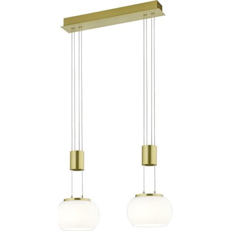MADISON SOSPENSIONE LED 16W 1800lm, 3000K BARRA METALLO OTTONE E 2 VETRI SFERA BIANCHI CON REGOLAZIONE ALTEZZA CON CONTRAPPESO E DIMMERAZIONE INTENSITA' CON NORMALE INTERRUTTORE A PARETE L. 52CM (1/4)