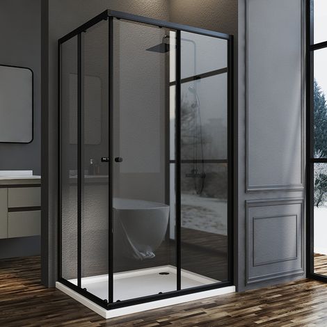 Schwarzer Duschkabine 100x100cm Eckeinstieg Schiebetüren 6mm ESG Sicherheitsglas Duschschiebetür Duschabtrennung Duschwand Höhe: 185cm