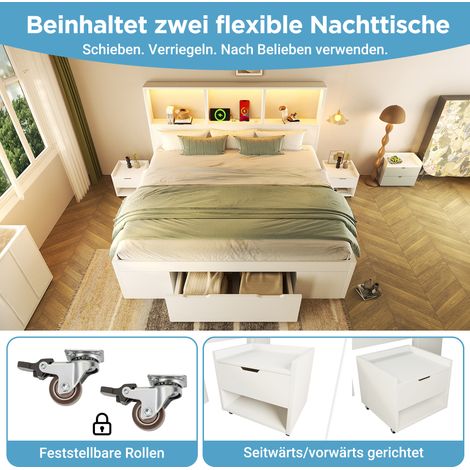 Lit 140x190 cm Blanc avec rangement et 2 tables de chevet mobiles, lit fonctionnel double en bois avec éclairage LED et charge USB-C, sommier à tiroirs et étagères, sans matelas (1/5)