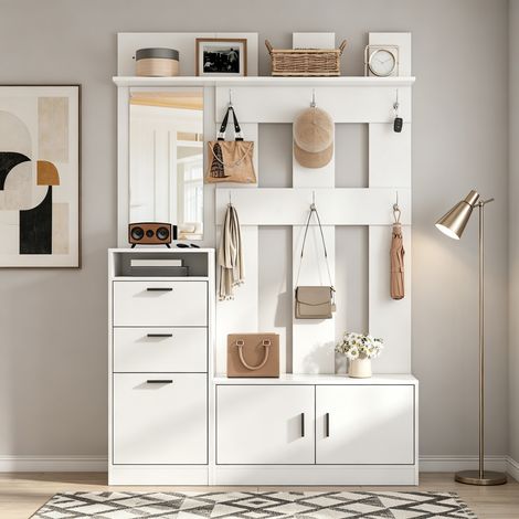 Meuble d’entrée mural 120x30x180 cm avec meuble à chaussures, miroir, patères et vestiaire, rangement couloir, MDF, Blanc (1/5)