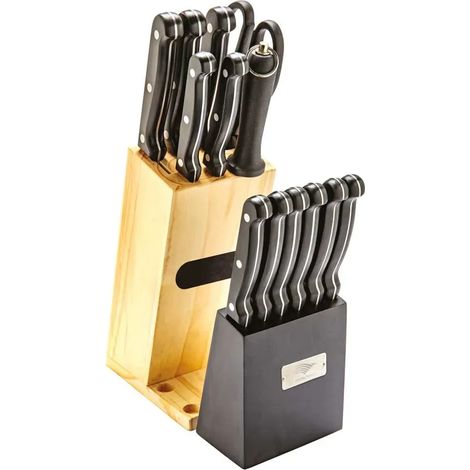 Bloc couteaux steak 15 pièces bois pin acier inox 420 ciseaux (1/5)