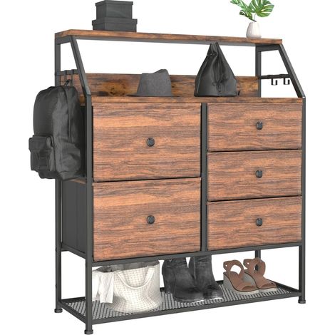 Dripex Commode en Tissu avec 5 tiroirs, Meuble de Rangement avec Dessus en Bois et étagère à Chaussures, Cadre en Métal, pour Salon, Chambre, Couloir, Marron Rustique et Noir Gris Vintage+Noir (1/5)
