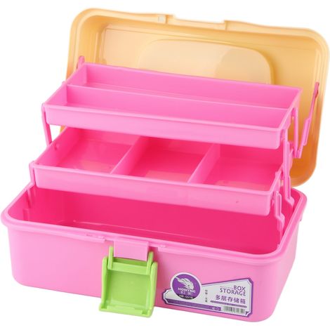 Boîte de rangement pour étudiant en art, grande boîte de rangement épaisse à 3 compartiments, en plastique, pour l'organisation de la maison, taille 551, rose et jaune. (1/5)
