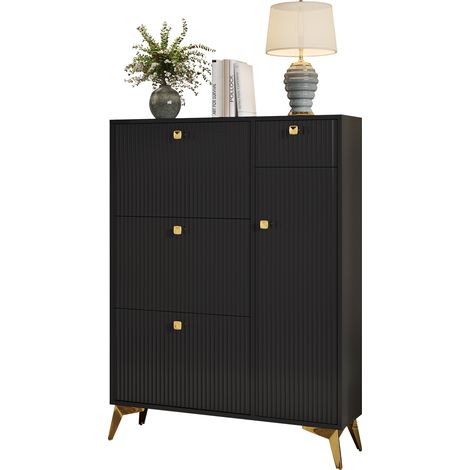 CHICFURN Meuble à chaussures à abattants, 3 portes, 1 tiroir et 1 porte, rangement étroit noir, finition ondulée moderne, avec poignées métal, pour entrée (1/5)