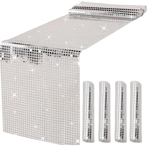 4pièces Chemin de Table Disco,Chemin de Table Argenté Paillettes,pour Années 70 80 Disco Party Deco,Anniversaire,Mariage,30x180 cm (1/5)