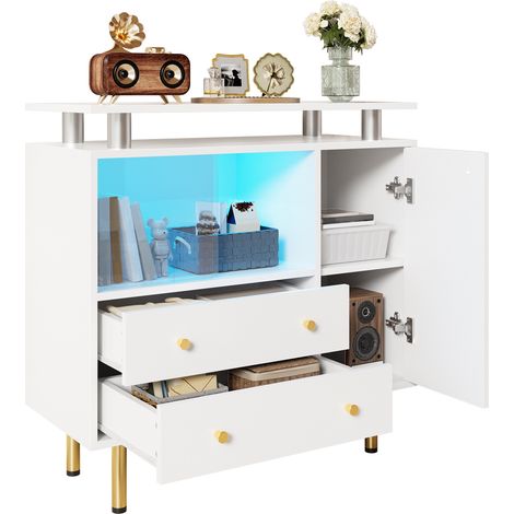ELVMI Aparador con 2 Puertas Correderas de Cristal, 1 Puerta, 2 Cajones y LED, para Salón, Blanco, 80 x 35 x 80 cm (1/5)