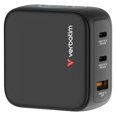 Cargador de Pared Universal GaN para Viaje Verbatim Mini GaN Charger Con Pantalla/ 2xUSB Tipo-C/ 1xUSB/ 65W