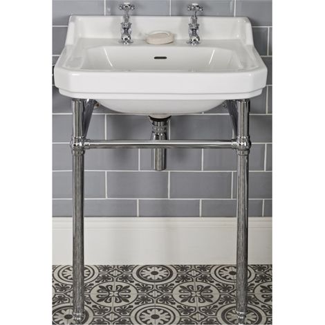 Milano Richmond 560mm x 450mm White Ceramic Bathroom Basin Sink with Chrome Washstand and Integral Towel Rail - 2 Tap Hole (1/5)
