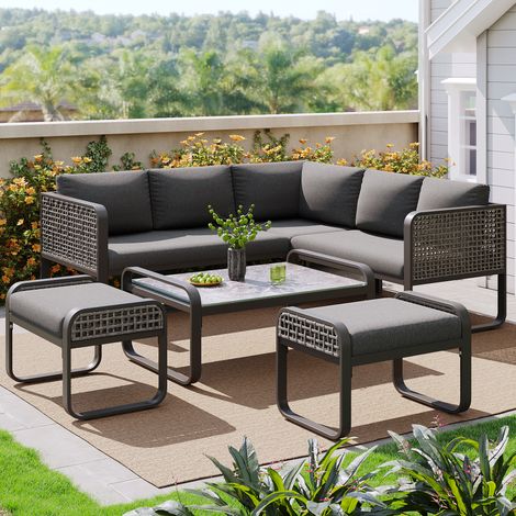 Outdoor Rattan Garden Lounge Set for 6-7 People with Adjustable Corner Sofa and Cushions-Grey (1/5)