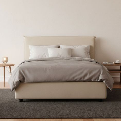 Talamo Italia Cama de plaza y media Chicca, Cama contenedor con revestimiento de tela, 100% Made in Italy, Apertura frontal, con colchón 120x200 cm incluido, Beige, con embalaje reforzado (1/5)
