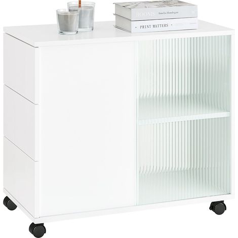 Mesa Auxiliar Mesa de Centro con 2 Puertas y 3 Cajones Armario de Almacenamiento para Oficina con 5 Ruedas Blanco 70 x 35 x 61 cm FBT141-W SoBuy ES (1/5)