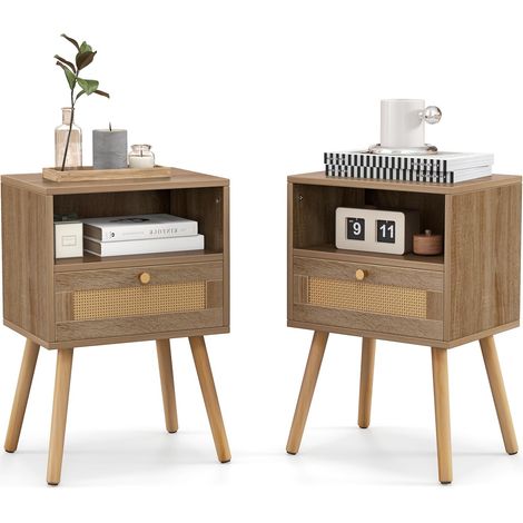 Lot de 2 Tables de Chevet avec tiroirs, 40 x 30 x 60,5 cm, en Bois Massif, Table de Chevet bohème, pour Chambre à Coucher, Salon (1/5)