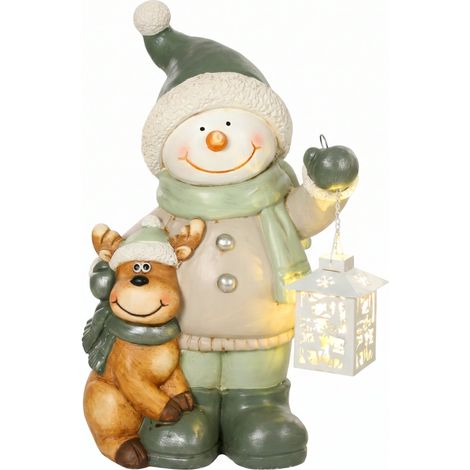 Bonhomme de neige en métal de 43 cm avec lanterne LED et minuterie, pour entrée et porte. (1/5)