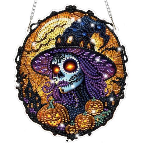 Diamantmalerei Anhänger Halloween Hexe Buntglas Fensterdeko Bastelset