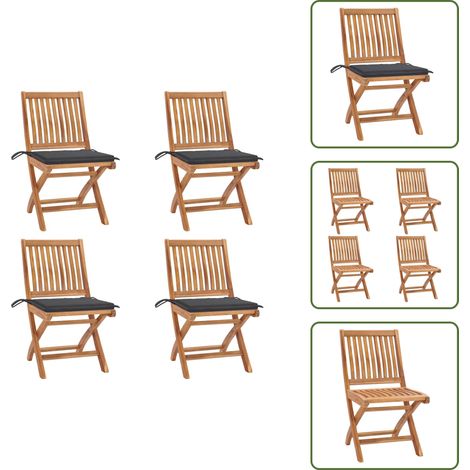 The Living Store Chaises pliables de jardin avec coussins lot de 4 Teck solide - Chaises de jardin en teck (1/5)