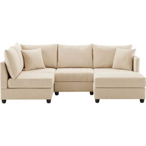 ELVMI Canapé d'angle modulable 5 places avec méridienne mobile, structure en bois, en coton lin, Beige (1/5)