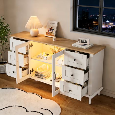 Credenza 150 x 40 x 75 cm con 2 ante in acrilico, 6 cassetti, LED, bianco e effetto legno HAVRYA (1/5)