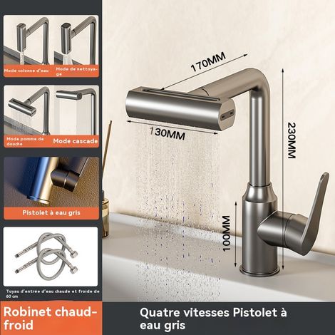 Robinets de cuisine et de salle de bain, quatre options de sortie d'eau, comprend un tuyau d'arrivée d'eau gratuit de 60 cm, gris anthracite, profil bas. (1/5)