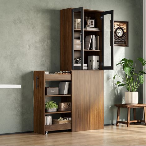 Armario auxiliar para cocina (60x30x180 cm), con puertas de vidrio, carrito extraíble, MDF, negro y natural (1/5)