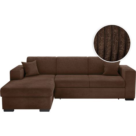 Loungitude – Canapé d'angle convertible FUJI XL avec coffre en velours côtelé – Angle gauche – 5 places – Confort moelleux – Marron (1/5)