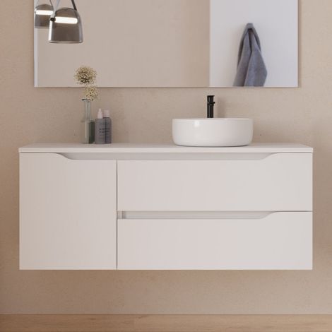 Meuble de salle de bain 120cm avec plateau et vasque à poser déportée à droite Ares - sans miroir - 2 tiroirs et un placard - blanc - ZARZA