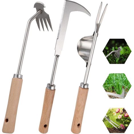 Arrache-mauvaises-herbes en acier inoxydable, 3 pièces avec manche en bois (3 pcs) (1/5)