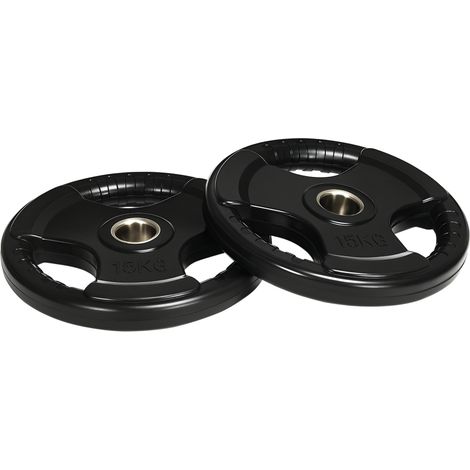 Hantelscheibe, 2er-Set, 15 kg pro Scheibe, drei Griffe, bodenschonender Gummimantel, Metall