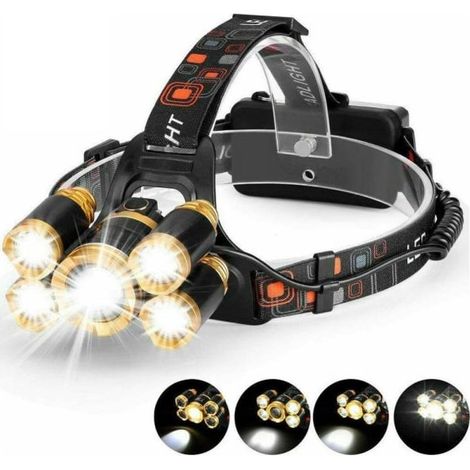 Lampe frontale puissante avec 5 piles LED T6 + chargeur 12V + étui de voiture noir (1/5)