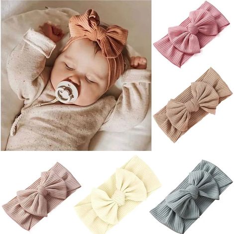 Diademas para bebé » Paquete de 5 diademas con lazo, alta elasticidad, accesorios para el cabello de bebé de punto ancho - Varios colores (1/4)