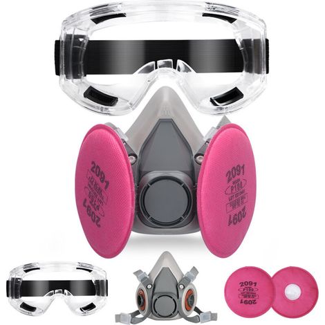 Masque respiratoire demi-visage réutilisable avec 4 filtres 2097 et lunettes de protection, bouchons d'oreille pour peinture, poussière, chimique, résine époxy, coupe, polissage, Rouge
