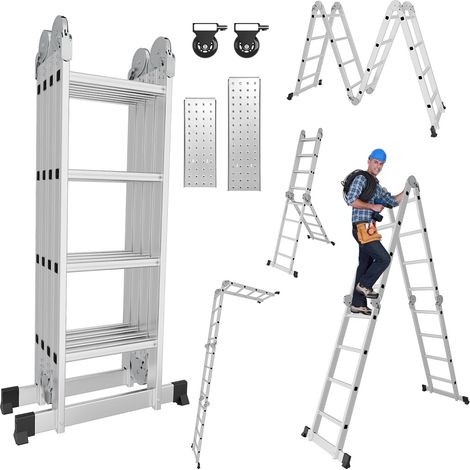 Randaco Echelle pliante Echelle multifonctionnelle Echelle télescopique, 4x4 marches, ecarteur de mur, escabeau, 2 plaques plateforme de travail