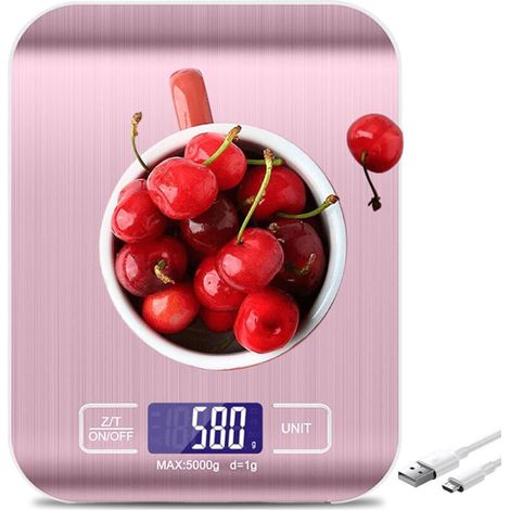 Digital kitchen scale: 10 kg/1 g, USB rechargeable, with LCD screen and tare function - Multifunctional professional kitchen scale with charging cable (rose gold) (1/5)