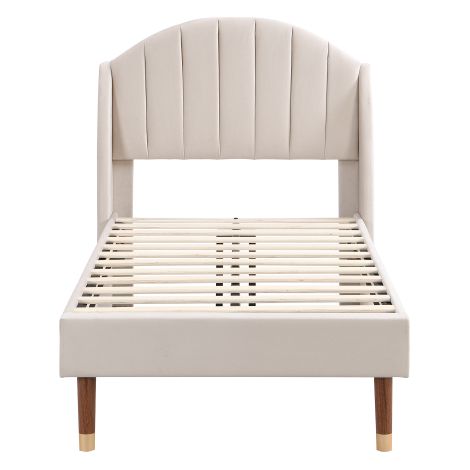 Lit rembourré 90×200 cm, velours beige, sommier bois, tête de lit